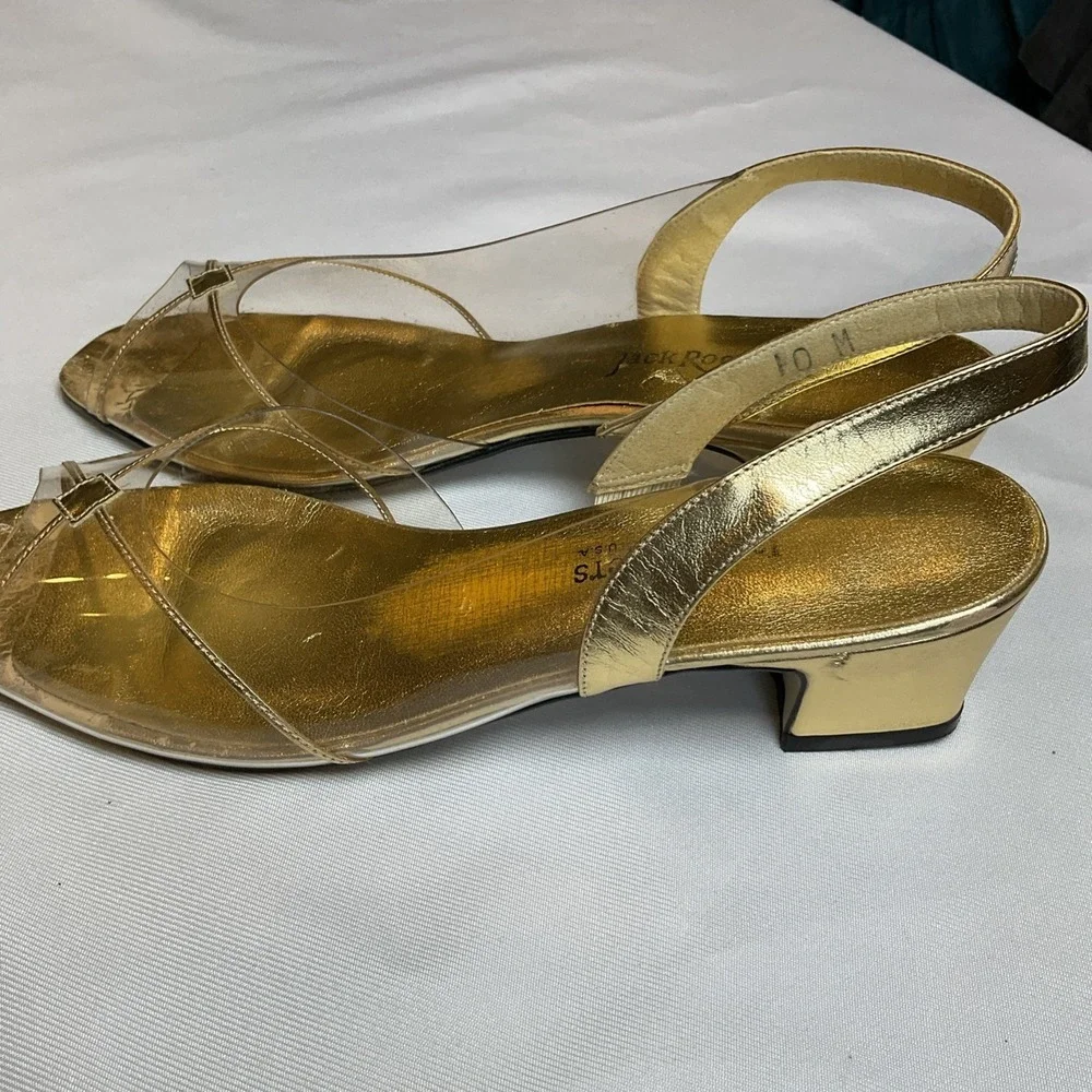 Jack Rogers Gold & Clear Vinyl Slingback Heels Style Dia-X-Lo Size 10 Vintage